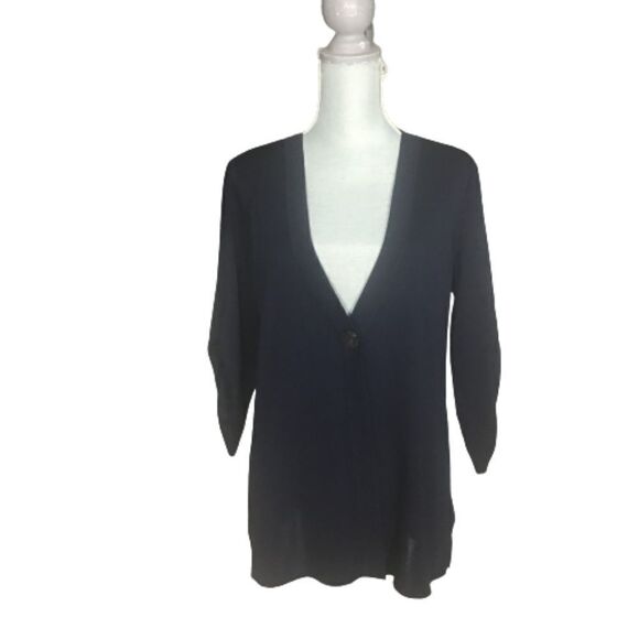 Exclusively Misook Navy Acrylic 3/4 Ruched Sleeves Knit Jacket Size Medium - Picture 1 of 4